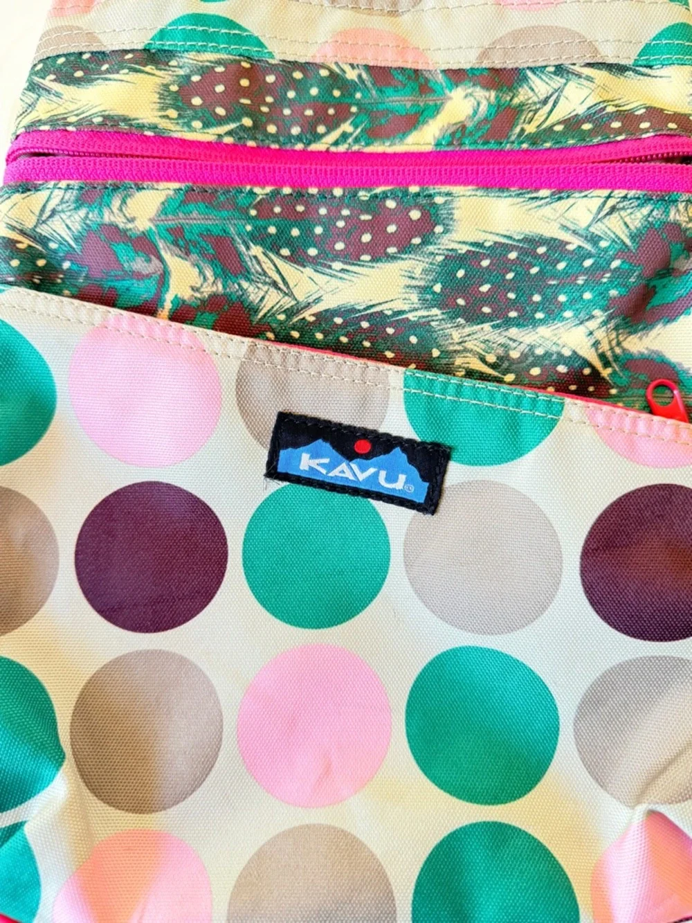 Kavu Polka Dot Crossbody Bag in Pink, Teal, Brown and Gray